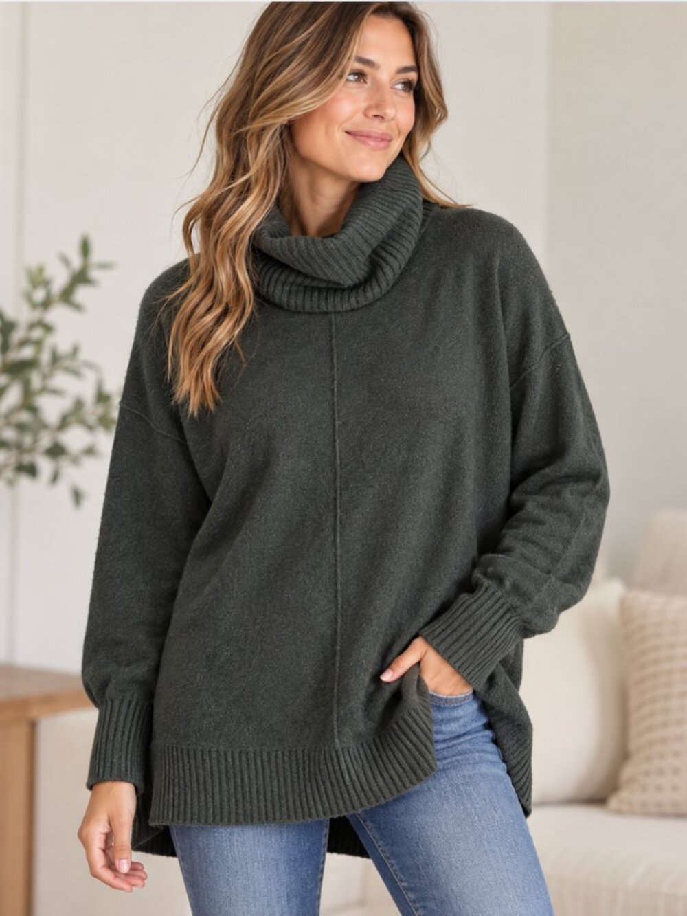 Ruby Moon Women’s Medium army green Cowl Neck Oversized Tunic Sweater